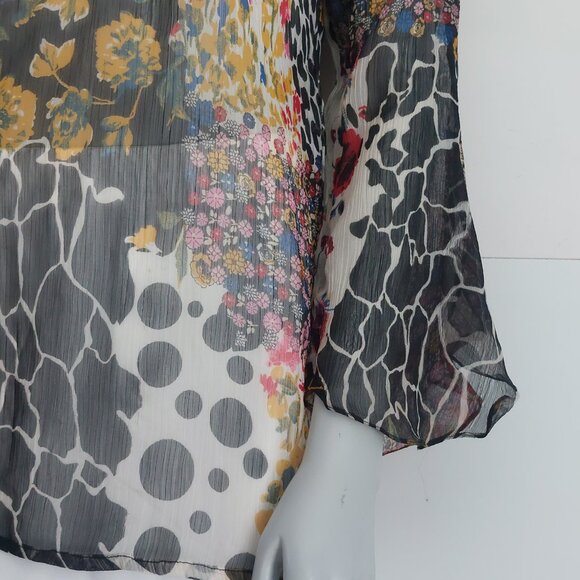Vintage Y2K Top Medium Sheer Flowy Romeo Juliet Couture Multi Print Silky Sequin - Picture 16 of 16